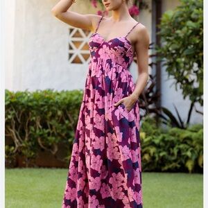 Fighting Eel Black Label Spaghetti-Strap  Dress Piper in Magenta Gardenia print.